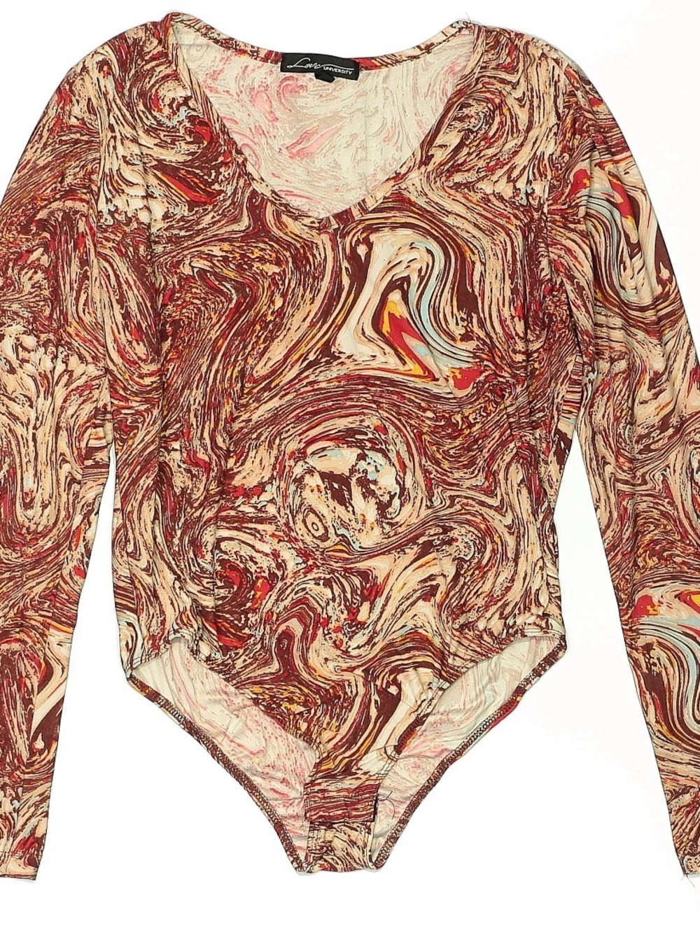 Marble Swirl V-Neck Long Sleeve Bodysuit - Red, Cream & Brown